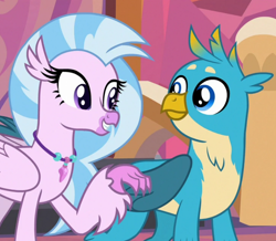 Size: 802x699 | Tagged: safe, screencap, gallus, silverstream, classical hippogriff, griffon, hippogriff, g4, non-compete clause, cropped, cute, diastreamies, duo, female, gallabetes, jewelry, looking at each other, looking at someone, male, necklace
