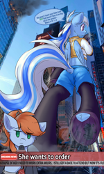 Size: 1556x2600 | Tagged: safe, artist:ravistdash, oc, oc only, oc:morning star, oc:ravist, pegasus, pony, advertisement, bipedal, blue skin, blue sky, building, butt, car, city, clothes, destruction, dock, duo, female, fetish, frog (hoof), giant pony, giantess, he wants to order, irl, jacket, livestream, looking at something, looking at you, macro, meme, multicolored hair, news, news report, orange hair, outfit, pants, pegasus oc, photo, plot, ponytail, smiling, speech bubble, stockings, tail, thigh highs, underhoof