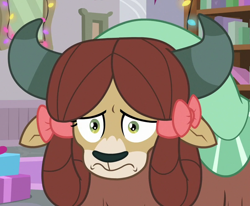Size: 808x666 | Tagged: safe, screencap, yona, yak, g4, the hearth's warming club, bow, cropped, female, hair bow, monkey swings, scared, solo, wavy mouth