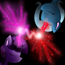 Size: 2000x2000 | Tagged: safe, artist:meotashie, trixie, twilight sparkle, pony, unicorn, g4, duo, eyes closed, female, glowing, glowing horn, high res, horn, magic