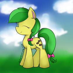 Size: 2000x2000 | Tagged: safe, artist:meotashie, apple fritter, earth pony, pony, g4, apple family member, female, high res, one eye closed, solo, wink