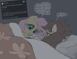 Size: 1213x940 | Tagged: safe, artist:dotkwa, fluttershy, oc, oc:deary dots, earth pony, pegasus, pony, g4, bed, blushing, canon x oc, cute, dialogue, female, in bed, lesbian, looking at each other, looking at someone, mare, reddit, shipping, shyabetes, speech bubble