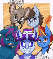 Size: 2900x3190 | Tagged: safe, artist:kaylerustone, oc, oc only, oc:calor the changeling, oc:pathfindercs, alicorn, changedling, changeling, deer, earth pony, pony, changedling oc, changeling oc, commissioner:navelcolt, glasses, hat, high res, looking at you, open mouth, pen, smiling, spread wings, wings