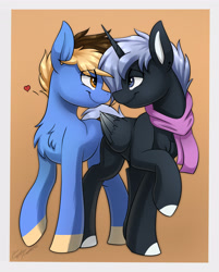 Size: 2900x3600 | Tagged: safe, artist:kaylerustone, oc, oc only, alicorn, earth pony, pony, alicorn oc, boop, chest fluff, clothes, duo, duo male, eye clipping through hair, eye contact, eyebrows, eyebrows visible through hair, feathered wings, floating heart, folded wings, gay, heart, high res, horn, lidded eyes, looking at each other, looking at someone, male, raised hoof, scarf, signature, simple background, smiling, smiling at each other, spread hooves, stallion, wings