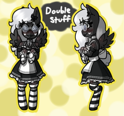 Size: 551x518 | Tagged: safe, artist:luna_mcboss, oc, oc only, oc:double stuff, pegasus, semi-anthro, apron, arm hooves, bow, choker, clothes, eyelashes, feathered wings, female, glasses, gray coat, hair accessory, hair bow, hooves to the chest, legs together, maid, pegasus oc, simple background, socks, solo, standing, stockings, striped socks, stripes, thigh highs, white mane, wings, yellow background