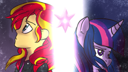 Size: 1280x720 | Tagged: safe, artist:arianalovesyou, sunset shimmer, twilight sparkle, human, pony, equestria girls, g4, back to back, bust, duo, duo female, element of magic, female, frown