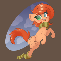 Size: 2048x2048 | Tagged: safe, artist:pollynia, oc, oc only, oc:rusty gears, earth pony, pony, belly, belly button, clothes, freckles, heterochromia, high res, open mouth, scarf, simple background, sock, socks, solo, striped scarf, striped socks