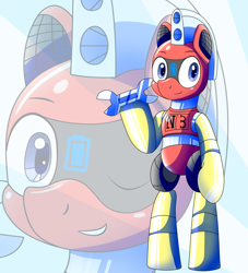 Size: 2000x2200 | Tagged: safe, artist:trackheadtherobopony, oc, oc:trackhead, pony, robot, robot pony, semi-anthro, arm hooves, high res, one eye closed, solo, wink, wrench, zoom layer