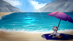 Size: 3960x2228 | Tagged: safe, artist:lunciakkk, oc, oc only, oc:mckeypl, pony, unicorn, series:mckeypl in years, beach, commission, ear fluff, facial hair, high res, horn, kofola, lens flare, male, mountain, ocean, part of set, ponytail, solo, stallion, summer, sunglasses, umbrella, water