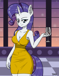 Size: 1858x2403 | Tagged: safe, artist:banquo0, rarity, unicorn, anthro, g4, alcohol, breasts, busty rarity, cleavage, clothes, dress, female, looking at you, multiple variants, solo, wine