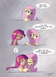 Size: 2978x4096 | Tagged: safe, artist:ringteam, fluttershy, sunny starscout, earth pony, pegasus, pony, g4, g5, keep calm and flutter on, comforting, crying, duo, duo female, female, sad, speech bubble