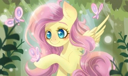 Size: 2000x1200 | Tagged: safe, artist:phoenixfox96, fluttershy, butterfly, pegasus, pony, g4, blushing, bust, butterfly on hoof, colored eyebrows, crepuscular rays, cute, ear fluff, female, forest, half body, heart, heart eyes, looking at something, mare, outdoors, raised hoof, shyabetes, smiling, solo, spread wings, three quarter view, tree, wingding eyes, wings