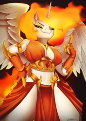 Size: 1768x2500 | Tagged: safe, artist:lummh, daybreaker, alicorn, anthro, g4, accessory, breasts, cleavage, female, fire, hand, hand on hip, horn, jewelry, lidded eyes, loincloth, looking at you, necklace, pointing, simple background, smiling, smiling at you, solo, spread wings, standing, wings