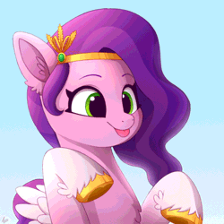Size: 590x590 | Tagged: safe, artist:luminousdazzle, artist:szafir87, pipp petals, pegasus, pony, g5, maretime bay day 2.0, my little pony: tell your tale, spoiler:g5, spoiler:my little pony: tell your tale, spoiler:tyts01e11, :p, adorapipp, animated, blinking, cute, ear fluff, eyebrows, female, gif, jewelry, mare, signature, silly, silly pony, smiling, tiara, tongue out, weapons-grade cute