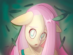 Size: 2048x1536 | Tagged: safe, artist:nnyaka, fluttershy, anthro, g4, aside glance, bust, female, floppy ears, looking at you, shoulders, shy, solo, stray strand