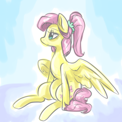 Size: 1000x1000 | Tagged: safe, artist:smirk, fluttershy, pegasus, pony, g4, colored sketch, female, hair up, looking away, mare, older, older fluttershy, ponytail, sitting, solo, spread wings, tired, wings