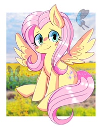 Size: 865x1108 | Tagged: safe, artist:adylenchan, fluttershy, butterfly, pegasus, pony, g4, blushing, female, looking at you, mare, outdoors, passepartout, sitting, smiling, smiling at you, solo, spread wings, three quarter view, wings