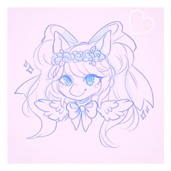 Size: 1400x1400 | Tagged: safe, artist:cargorabbit, oc, oc only, oc:mikuma dots, pegasus, pony, bow, bust, female, floral head wreath, flower, hair bow, heart, mare, monochrome, pigtails, portrait, simple background, solo, twintails