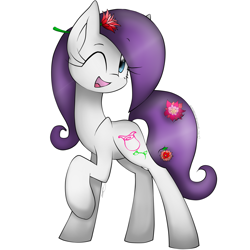 Size: 2300x2300 | Tagged: safe, artist:meotashie, oc, oc only, earth pony, pony, earth pony oc, female, flower, flower in hair, high res, one eye closed, open mouth, raised hoof, simple background, solo, white background, wink