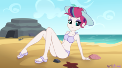 Size: 3832x2152 | Tagged: safe, artist:unichan, zipp storm, human, starfish, equestria girls, g4, g5, armpits, beach, bedroom eyes, belly button, bikini, bikini bottom, bikini top, clothes, commission, equestria girls-ified, eyebrows, eyeshadow, feet, female, g5 to equestria girls, g5 to g4, generation leap, hat, high res, looking at you, makeup, ocean, rock, sand, sandals, signature, sitting, smiling, smiling at you, solo, sun hat, swimsuit, water, ych result