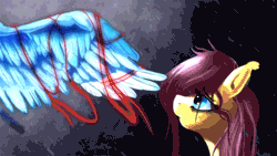 Size: 600x338 | Tagged: safe, artist:mysterimaan, fluttershy, rainbow dash, pegasus, pony, g4, 2016, absurd file size, absurd gif size, animated, bust, cinemagraph, crying inside, ear flick, feather, female, gif, large wings, old art, portrait, rain, sad, wet, wet mane, windswept mane, wings
