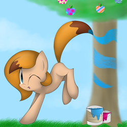 Size: 2300x2300 | Tagged: safe, artist:meotashie, oc, oc only, oc:brushelle, earth pony, pony, apple, apple tree, bucking, earth pony oc, female, food, high res, one eye closed, paint, paint can, solo, tree, wink