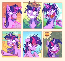Size: 2048x1905 | Tagged: safe, artist:千雲九枭, twilight sparkle, alicorn, bird, pony, unicorn, a trivial pursuit, best gift ever, g4, lesson zero, starlight the hypnotist, spoiler:interseason shorts, chest fluff, dishevelled, ears back, faic, female, floppy ears, grin, insanity, mare, messy mane, nest, open mouth, pudding face, scroll, smiling, solo, twilight snapple, twilight sparkle (alicorn), twilighting, twilynanas, unamused, unicorn twilight