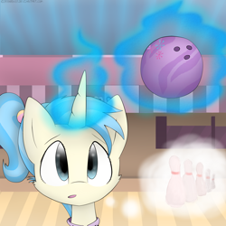 Size: 2300x2300 | Tagged: safe, artist:meotashie, allie way, pony, unicorn, g4, bowling ball, bowling pin, female, glowing, glowing horn, high res, horn, magic, solo, telekinesis