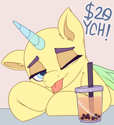 Size: 1368x1500 | Tagged: safe, artist:rivin177, alicorn, earth pony, pegasus, pony, unicorn, bubble, bubble tea, commission, floppy ears, hooves, horn, one eye closed, solo, tongue out, wings, wink, ych example, ych sketch, your character here