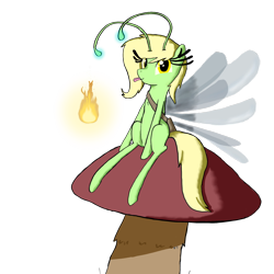 Size: 1920x1920 | Tagged: safe, artist:sprontr, oc, oc:edelweiss the seeker, oc:vesuvius daehn, breezie, bag, female, messenger bag, mlem, mushroom, silly, simple background, sitting, tongue out, transparent background, will o' the wisp