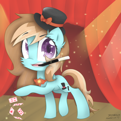 Size: 2300x2300 | Tagged: safe, artist:meotashie, oc, oc only, earth pony, pony, card, earth pony oc, female, high res, magician, solo