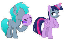 Size: 3072x1920 | Tagged: safe, artist:motownwarrior01, twilight sparkle, oc, oc only, oc:cyan sight, alicorn, pony, unicorn, detachable face, duo, face swap, hoof hold, horn, hypnosis, hypnotized, lidded eyes, magic, magic aura, modular, no face, sassy, simple background, standing, transparent background, wings