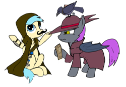 Size: 3353x2335 | Tagged: safe, artist:sprontr, oc, oc:iris, oc:whisperwind, bat pony, bird, pegasus, pony, raven (bird), bandolier, bounty hunter, clothes, duo, fake moustache, fantasy class, female, hat, high res, male, rogue, simple background, sword, transparent background, trenchcoat, wanted poster, weapon