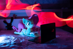 Size: 4800x3200 | Tagged: safe, photographer:plastikdarling, fluttershy, pegasus, pony, g4, bed, computer, controller, gaming, irl, laptop computer, light painting, notebook, on bed, photo, plushie, solo