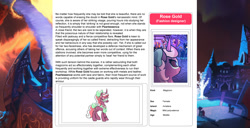 Size: 1586x815 | Tagged: safe, artist:lummh, artist:ternonadime, oc, oc only, oc:rose gold, pony, comic:the lost sun, magicorn, reference sheet, solo, text, wiki