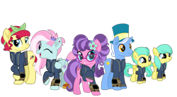 Size: 5459x3008 | Tagged: safe, artist:ponygamer2020, barley barrel, kerfuffle, petunia petals, pickle barrel, sunny skies, torque wrench, earth pony, pegasus, pony, unicorn, fallout equestria, rainbow roadtrip, absurd resolution, amputee, atorqueable, bandana, barleybetes, barrel twins, brother and sister, clothes, colt, cute, duo, ear piercing, fallout, female, filly, flower, flower in hair, foal, freckles, fufflebetes, glasses, group, hat, high res, jewelry, jumpsuit, looking at you, male, mare, mayor, movie accurate, one eye closed, overalls, picklebetes, piercing, pincushion, pipboy, prosthetic leg, prosthetic limb, prosthetics, puppy dog eyes, raised hoof, scar, scrunchie, show accurate, shy, shy smile, siblings, simple background, smiling, smiling at you, solo, stallion, tail, tail wrap, top hat, transparent background, twins, vault suit, vector, vest, wall of tags, wink