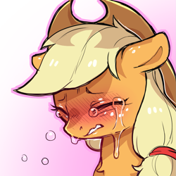 Size: 1159x1159 | Tagged: safe, artist:cold-blooded-twilight, applejack, earth pony, pony, g4, applejack's hat, blushing, cowboy hat, crying, eyes closed, female, freckles, hat, mare, simple background, solo, transparent background