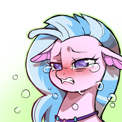 Size: 1159x1159 | Tagged: safe, artist:cold-blooded-twilight, silverstream, hippogriff, seapony (g4), g4, blue mane, blushing, bubble, crying, digital art, female, flowing mane, jewelry, necklace, ocean, purple eyes, sad, seapony silverstream, simple background, solo, swimming, teeth, transparent background, underwater, water