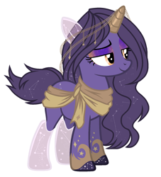 Size: 1470x1619 | Tagged: safe, artist:taxidermieddemon, oc, oc only, oc:urania, pony, unicorn, celestial pony, clothes, constellation pony, horn, horn jewelry, jewelry, long mane, mane, scarf, short tail, simple background, smiling, smug, solo, tail, transparent background