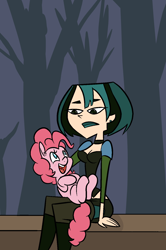 Size: 1048x1583 | Tagged: source needed, safe, artist:happy harvey, pinkie pie, earth pony, human, pony, g4, boots, choker, clothes, colored pupils, crossover, ear piercing, female, goth, gwen (total drama), happy, leggings, looking at each other, looking at someone, mare, missing cutie mark, open mouth, phone drawing, piercing, shoes, sitting, sitting on lap, sitting on person, skirt, total drama, total drama island, tree, unamused