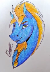 Size: 713x1024 | Tagged: safe, artist:discbreaker100, oc, oc only, oc:venomous stray, pony, unicorn, beard, bust, commission, facial hair, male, portrait, solo, stallion, traditional art