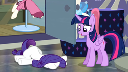 Size: 1920x1080 | Tagged: safe, screencap, rarity, twilight sparkle, alicorn, pony, unicorn, g4, the saddle row review, clothes, description is relevant, detailed background, door, dress, faceplant, female, mannequin, mare, rarity for you, twilight sparkle (alicorn)