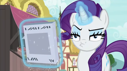 Size: 1920x1080 | Tagged: safe, screencap, rarity, pony, unicorn, g4, it isn't the mane thing about you, season 7, constructed language, duckface, eyeshadow, faic, female, levitation, lidded eyes, magazine, magic, magic aura, makeup, mare, ponyville, rarity is not amused, solo, telekinesis, unamused, written equestrian