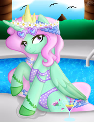 Size: 3000x3885 | Tagged: safe, artist:princessmoonsilver, oc, oc:spring breeze, alicorn, pony, alicorn oc, clothes, commission, glasses, high res, hind legs, horn, solo, summer, sunglasses, swimming pool, swimsuit, wings, ych result