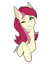 Size: 750x1000 | Tagged: safe, alternate version, artist:purplegrim40, roseluck, earth pony, pony, g4, bust, female, mare, one eye closed, signature, simple background, smiling, solo, white background, wink