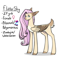 Size: 1024x1024 | Tagged: safe, artist:purplegrim40, fluttershy, pony, g4, bisexual pride flag, female, headcanon, mare, pride, pride flag, reference sheet, sexuality headcanon, simple background, solo, white background