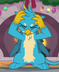 Size: 616x739 | Tagged: safe, screencap, gallus, griffon, g4, the hearth's warming club, angry, cropped, eyes closed, fire, fireplace, male, solo