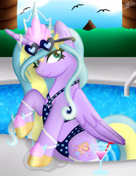 Size: 3000x3885 | Tagged: safe, artist:princessmoonsilver, oc, oc:summer breeze, alicorn, pony, alicorn oc, clothes, commission, glasses, high res, hind legs, horn, solo, summer, sunglasses, swimming pool, swimsuit, wings, ych result