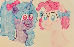 Size: 3855x2417 | Tagged: safe, artist:jesslmc16, izzy moonbow, pinkie pie, earth pony, pony, unicorn, g4, g5, colored, colored pencil drawing, fanart, female, high res, mare, pigtails, ponytail, traditional art