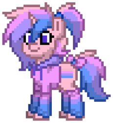 Size: 768x832 | Tagged: safe, artist:bandwidth, oc, oc only, oc:femmy, pony, unicorn, pony town, ambiguous gender, androgynous, bow, clothes, cute, girly, gynosexual flag, hoodie, ponytail, pride flag, simple background, socks, tail, tail bow, transparent background